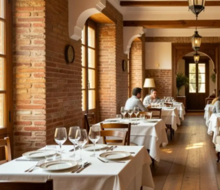 Interior de bistró ibérico con luz natural, mesas de madera y detalles cálidos