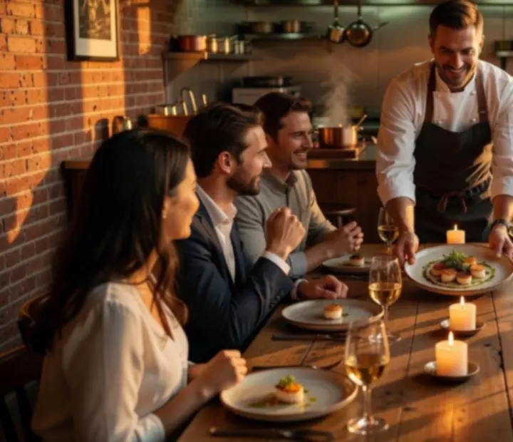 Comensales en una mesa del chef observando la preparación de los platos