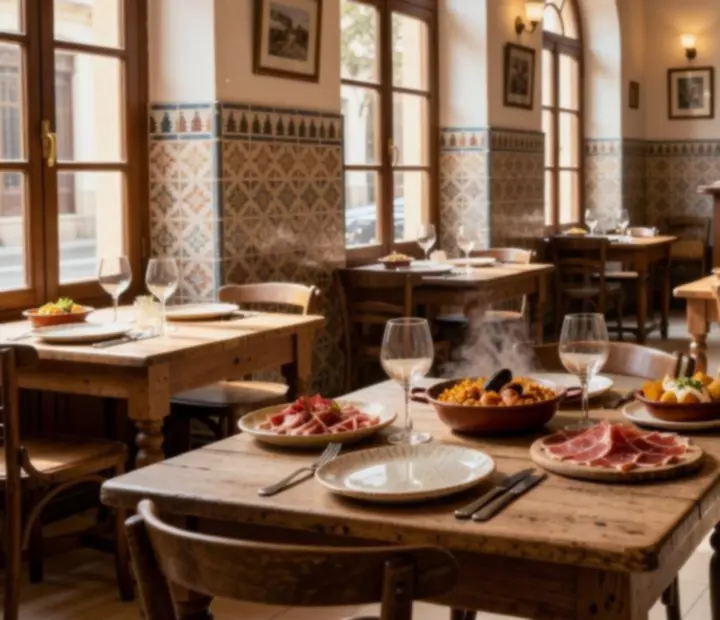 Interior de Cocinaycartas con madera pulida, baldosas y luz cálida