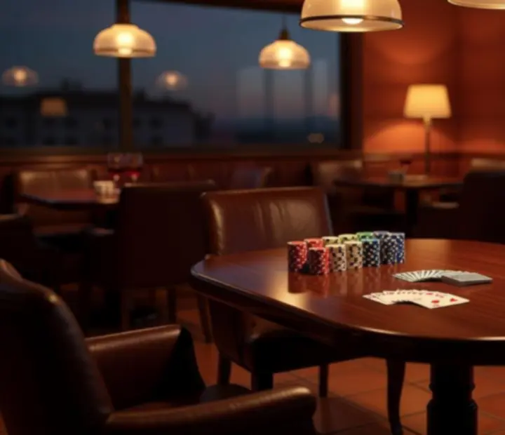 Interior del lounge con mesa de cartas y luz cálida