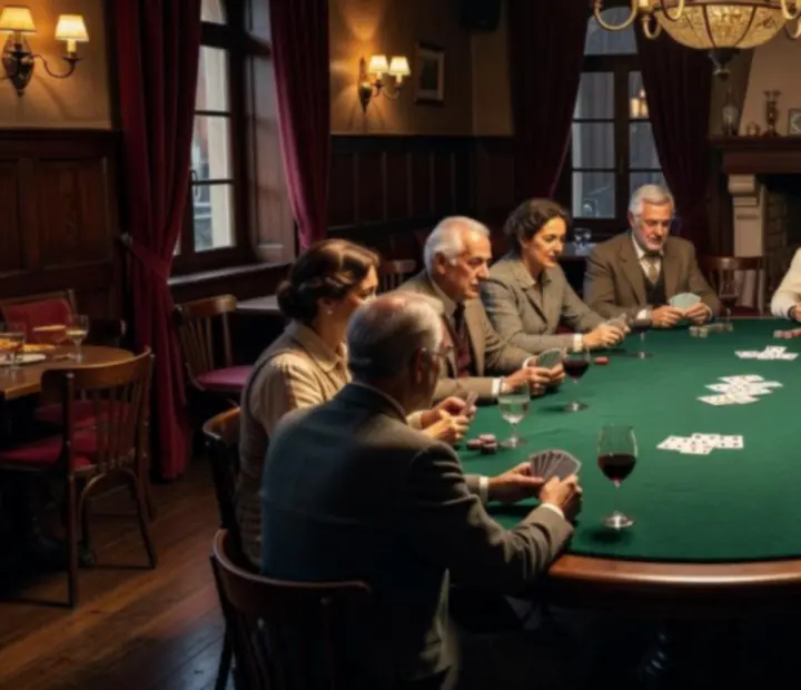 Jugadores reunidos alrededor de una mesa de cartas en un lounge íntimo