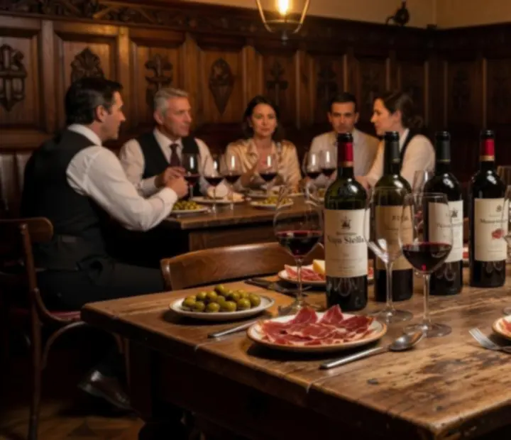 Mesa preparada para una cata privada de vinos en un salón taberna acogedor