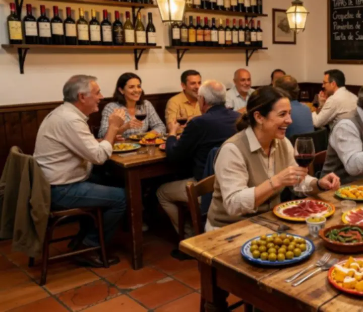 Mesa de madera con tapas de temporada en un bistró español