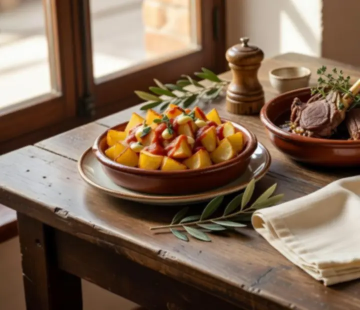 Tabla de tapas y platos calientes servidos en una barra de bistró ibérico