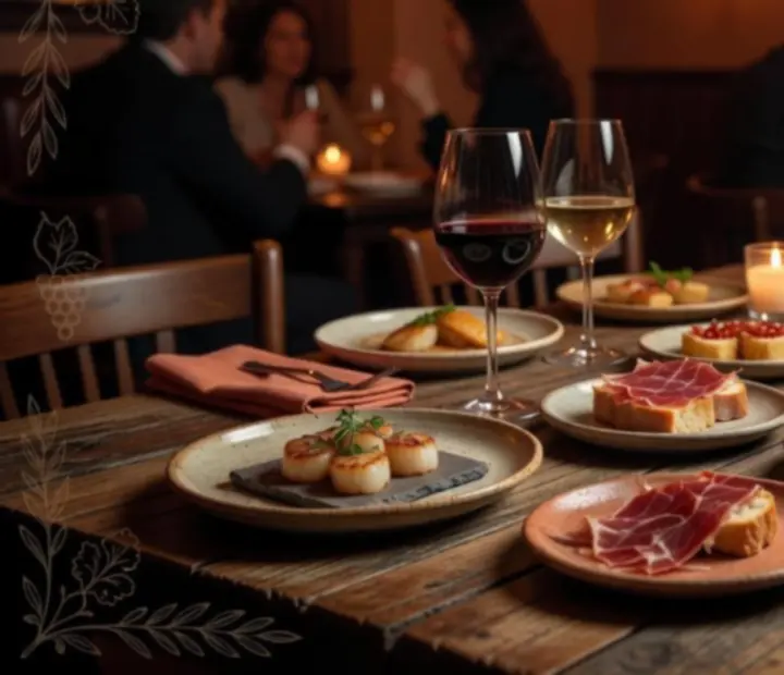 Mesa preparada para un menú degustación y maridaje de vinos