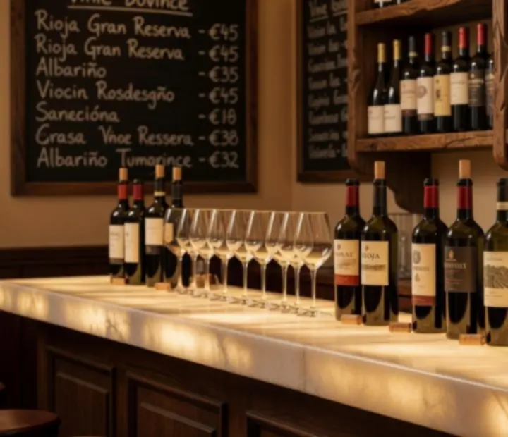 Barras de madera con copas y botellas de vino regional en un bistró