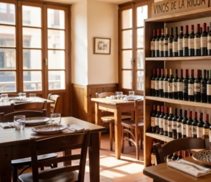 Botellas de vino y copas servidas sobre una barra de bistró de estilo español